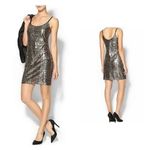 Sabine Metallic Gold Mosaic Sequin Mini Party Dress Medium NEW Spaghetti Straps Black Photo 1