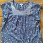 Liz Claiborne  Round Neck White Lace Neckline Blue Patterned Blouse Photo 1