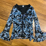 Venus  Floral Mesh‎ Top Womens Size Large Ruched Front Bell Sleeve Blouse Black Photo 0