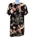 Nicole Miller  Peach‎ Cream Black Floral Linen Shift Dress Medium Short Sleeve Photo 2
