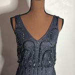 Adrianna Papell Beaded Sleeveless Art Nouveau Gray Gown Sheer Overlay size 0 Photo 4