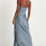 Lulus  Signature Elegance Slate Blue Satin One-Shoulder Maxi Dress Photo 1