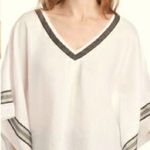 Peck & Peck Peck &‎ Peck Cream Linen V-Neck Poncho Top Size L Striped Trim Casual Photo 0