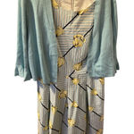 Talbots Crisp Tulip Sleeveless Fit Flare Dress Stripe 14 W/ Blue Sweater Size L Photo 0