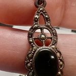Vintage Antique Art Deco Sterling Silver Marcasite Pendant Onyx Drop Earrings Black Photo 2