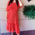 Hayden Smocked Ruffle Red Floral Midi Dress Medium Cottagecore Boho Silk Fall Photo 5