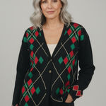 Christopher & Banks Vintage Black Cardigan with Red and Green Argyle Photo 0