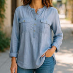 Loft Womens Blouse Sz XS Blue Oxford Cloth Henley Banded Collar Shirt Top Photo 0