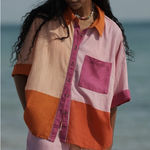 Anthropologie CELANDINE Colorblock Linen Button Up Shirt Womens M Orange Pink Photo 0