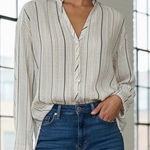 ZARA  White Metallic Striped Cotton Blend Button Down Flowy Top Large Lightweight Photo 0