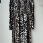 Ganni  Leopard Animal Print Brown Georgette Smocked Long Sleeve Midi Dress Size 4 Photo 2