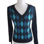Worthington Womens Black & Blue Argyle V-Neck Sweater Size M 55% Acrylic 45% Cot Photo 0