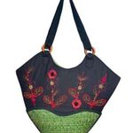 Lantern Moon Embroidered Straw Tote Black Photo 0