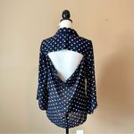 Bardot  | Navy Blue Polka Dot Open Back Sheer Button Down Blouse Sz 4 Photo 5