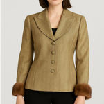Kay Unger  Gold Blazer Size 6 Mink Cuff Trim | Vintage Wool Herringbone Jacket Photo 0