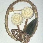 Vintage Gold Tone & Off White Flowers Jade Leaf Brooch Shoulder Pin Photo 0