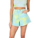 We Wore What Revolve Flare Bell Short Stretch Twill Denim Blue & Green Tie Dye 28 Photo 1