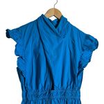 Line and Dot Blue Ruffle Cap Sleeve Mock Neck A-Line Poplin Mini Dress Size Large Photo 6