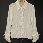 Le Caviar Women's White Romantic Sheer Lace Trim Tie Neck Ruffled Blouse Top L Size L Photo 0