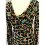 CAbi  Small Long Sleeve Shirt Faux wrap ruched Gathered Front Geometric‎ Colorful Photo 1