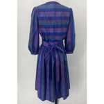 Vintage 80s Iridescent Plaid Fit & Flare Midi Dress Belted Long Sleeve Womens XS Blue Photo 5