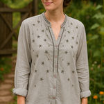 Johnny Was  Pete & Greta 100% Cotton Gray Bead Crystal Button Down Top Size S Photo 0