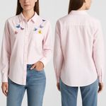 Las Olas  Pink Striped Button Down Shirt M Embroidered Butterfly Blouse‎ Kawaii Photo 1