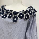 Loft  Blue & White Striped Off Shoulder Embroidered Floral Appliqué Womens Top M Photo 2