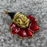 Creepy Clown Pin Brooch Gold Tone Enamel Hat Ruffled Red Collar Smiling Vintage Photo 6