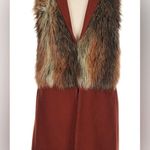 ZARA  Faux Fur Wool Cashmere Blend Waistcoast Vest Long Burgundy Rust size Medium Photo 4