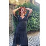 Casadei 1980s Black Ruched Turquoise Sequined Gatsby Deco Flapper Dress Cape 12 Photo 3