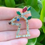 Vintage Christmas Reindeer Head Brooch Pin w/ Gems Gold Photo 2