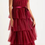 Lulus LULU’S Wondrous Glamour Wine Red Tulle Tiered Halter Midi Dress Photo 0