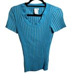 Worthington VTG Y2K Blue Ribbed Silk Blend Short Sleeve Lettuce Hem Fitted Top Scoop Neck L* Photo 0
