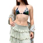 Free People  Sage Green Tiered Ruffle Smocked Bohemian Hippie Summer Mini Skirt S Photo 2