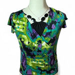 Iz Byer IZ Amy Tang Colorful Print Surplice Top Blouse Short Sleeve Photo 0