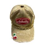 Vintage Distressed “Authentic” Trucker Hat with Gold Chain & Cherry Patch Tan Photo 1