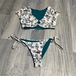 Zaful Teal Green White Floral Swim Suit Bikini Set; Medium Photo 0
