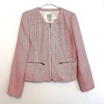 Halogen Zip Front Collarless Tweed Jacket Red White Checkered Geo Preppy Office Photo 1