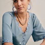 Sézane  Francia 100% Silk Blouse Eyelet Floral Trim V-Neck Top Blue Size 6 Photo 0