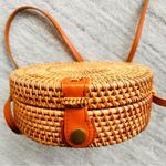 Woven Rattan Round Purse with Leather Strap and Tropical Lining Tan Photo 5