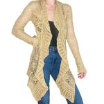 Karen Kane  Tan Gold Metallic Long Hippie Y2K Crochet Ruffle Open Cardigan Photo 0