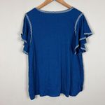 Max Studio Top Womens 1X Blue Flutter Sleeve Crew Neck Embroidered Hi Low Blouse Photo 6