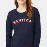 Nautica  Womens Crew Neck Pullover Crossover Hem Logo Sweatshirt Navy Blue Medium Photo 0