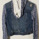 Free People Distressed Denim Jacket Knitted Sleeves Hood XS Excellent Condition Photo 10