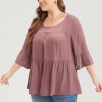 Bloomchic  Round Neck Ruffle Tiered Blouse Top 3/4 Sleeve Dusty Pink 10 Photo 1