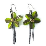 Black Bead VTG Lalo FLOWER EARRINGS 4" Dangle Drop Green Gold Resin Chains Photo 1