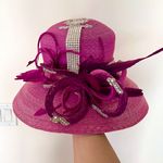 Corti NWT  Italy Wide Brim Rhinestone Feather Church Wedding Formal Hat Pink Vtg Photo 0