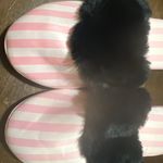 Victoria's Secret ICONIC STRIPE PINK White Faux Fur Slippers Photo 2