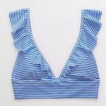 Aerie Longline Blue & White Striped Ruffle Swim Bikini Top Size L NWT Photo 0